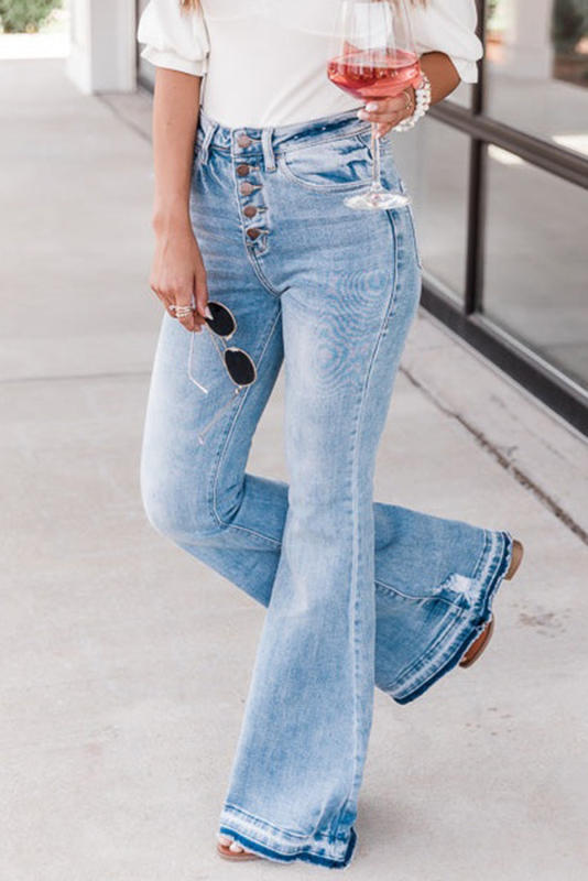 Sky Blue High Waist Buttoned Distressed Flared Jeans LC7873811-4