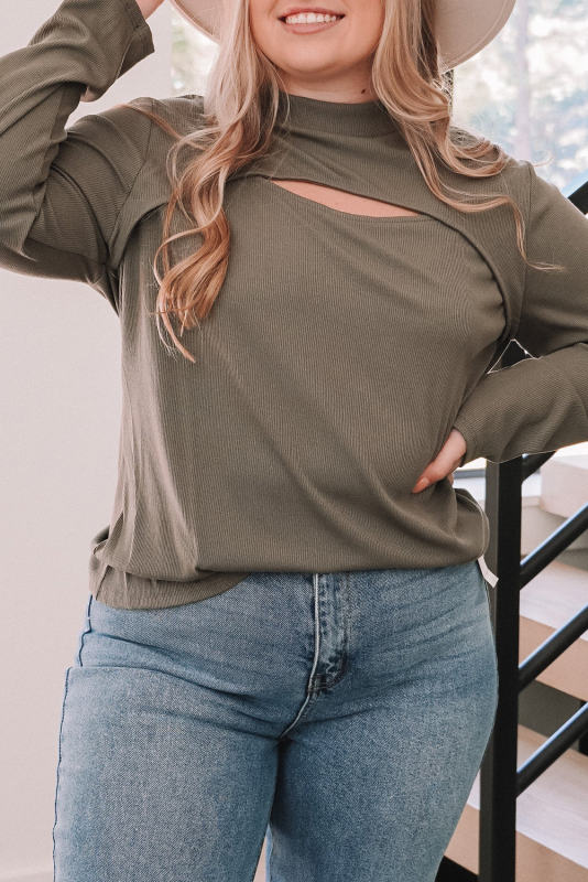 Green Plus Size Ribbed Mock Neck Peek-A-Boo Cut Out Top PL252338-9