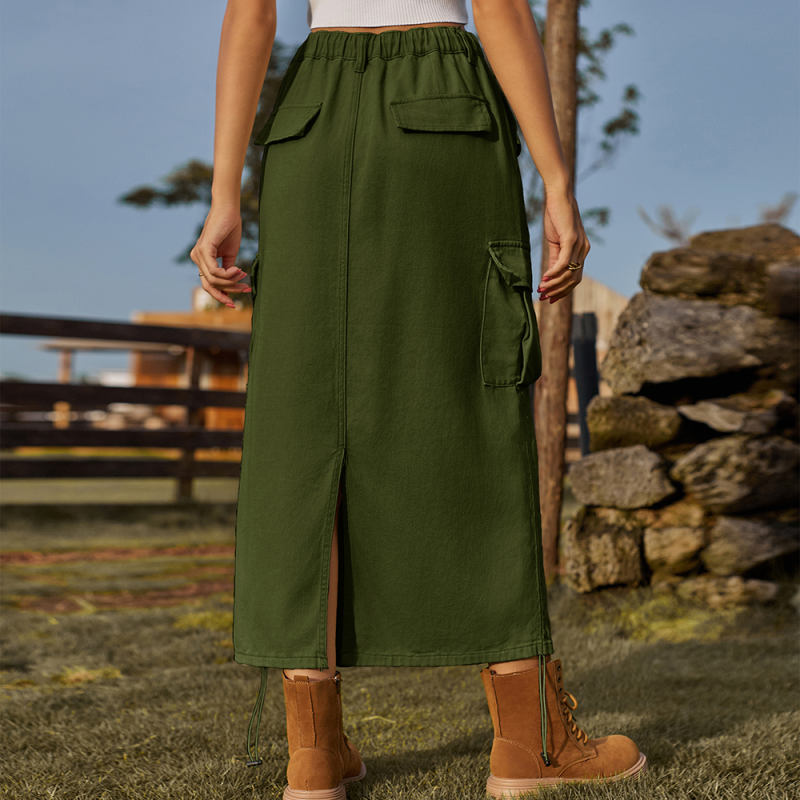 Army Green Drawstring Midi Skirt with Pocket TQH360094-27