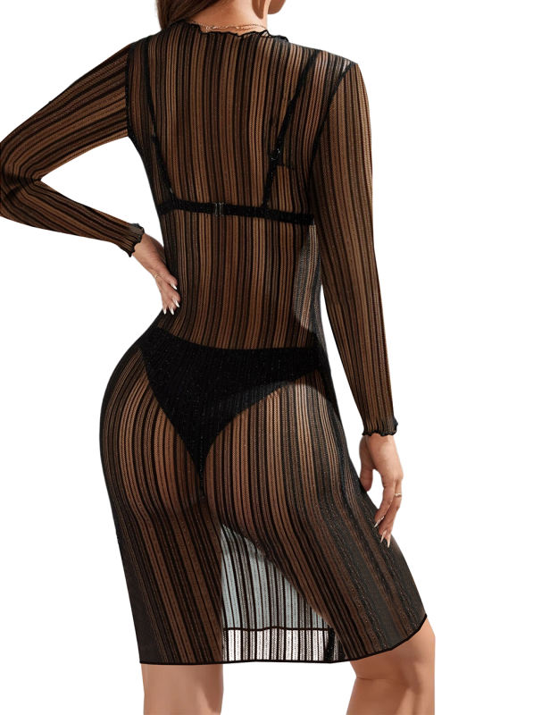 Black Sheer Mesh Striped Print Club Dress TQG830036