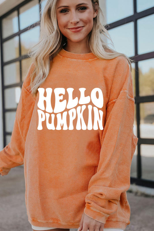 Orange HELLO PUMPKIN Letter Graphic Corded Sweatshirt LC25315299-2014