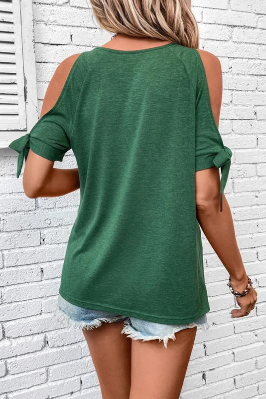 Green Knotted Cold Shoulder Sleeve Keyhole Front T Shirt LC25221780-9