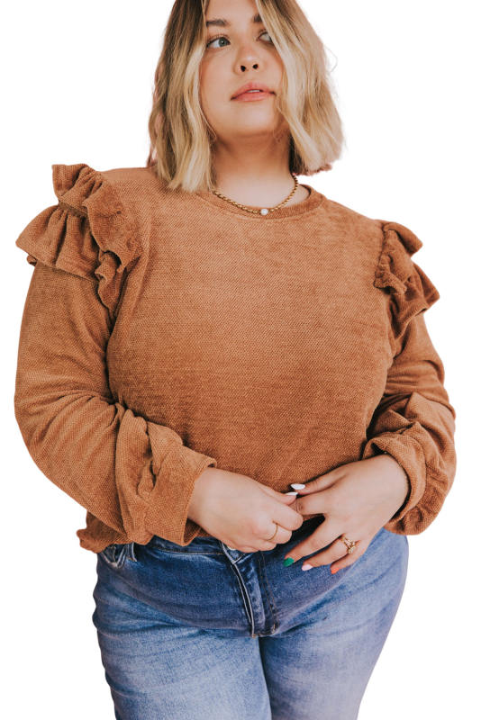 Brown Plus Size Solid Ruffled Tiered Long Sleeve Top PL2511161-17