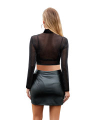 Black Sheer Mesh Mock Neck Crop Top TQL210134-2