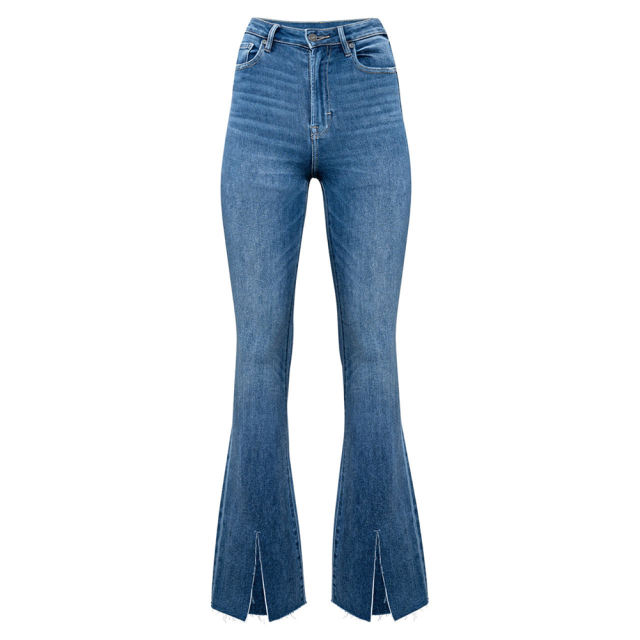Blue High Waist Flared Jeans with Slits TQH510096-5