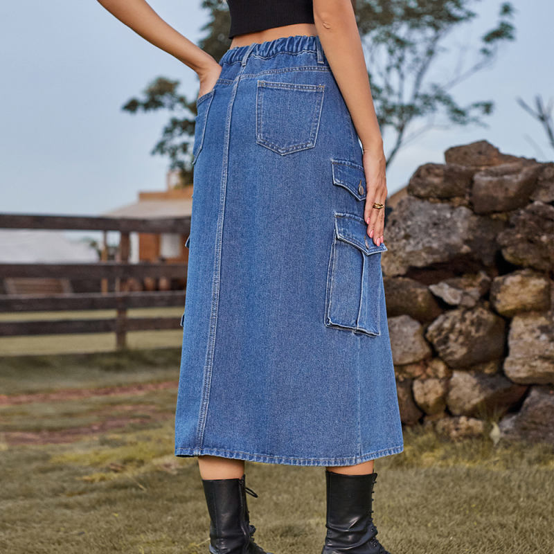 Blue Elastic Waist Pocket Casual Midi Skirt