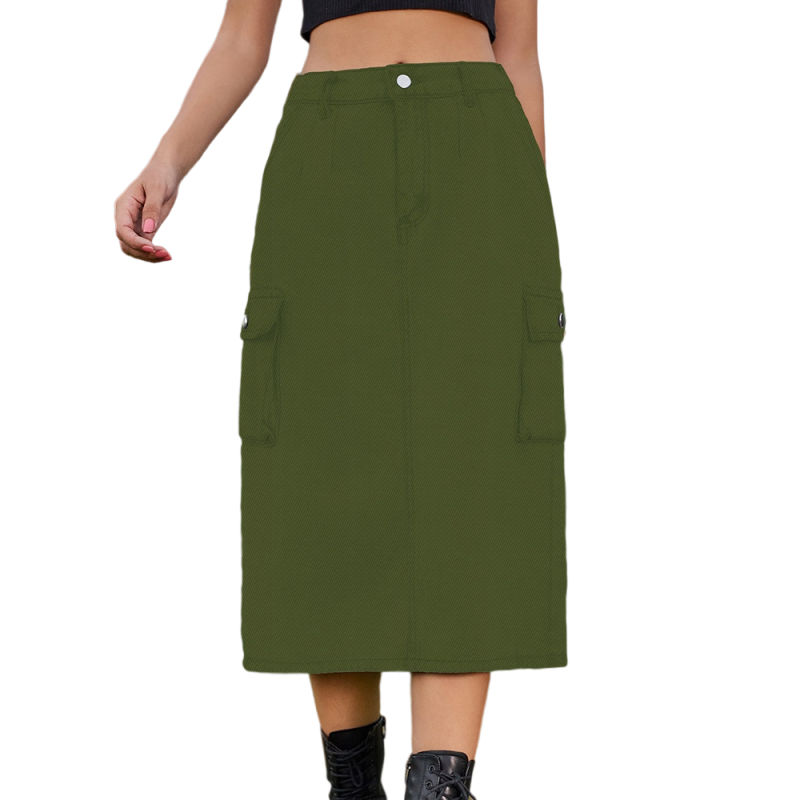 Army Green Washed Denim Midi Skirt with Pockets TQH360096-27