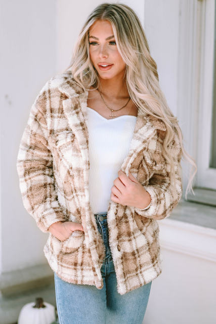 Khaki Sherpa Plaid Button Pocketed Jacket LC8512766-16