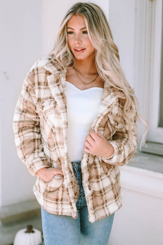Khaki Sherpa Plaid Button Pocketed Jacket LC8512766-16