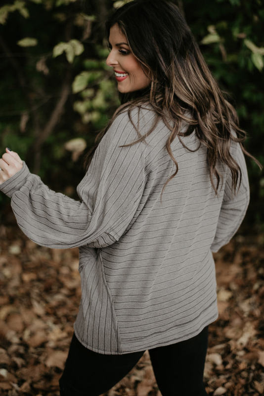 Gray Ribbed Side Pockets Long Sleeve Plus Size Top PL2511165-11