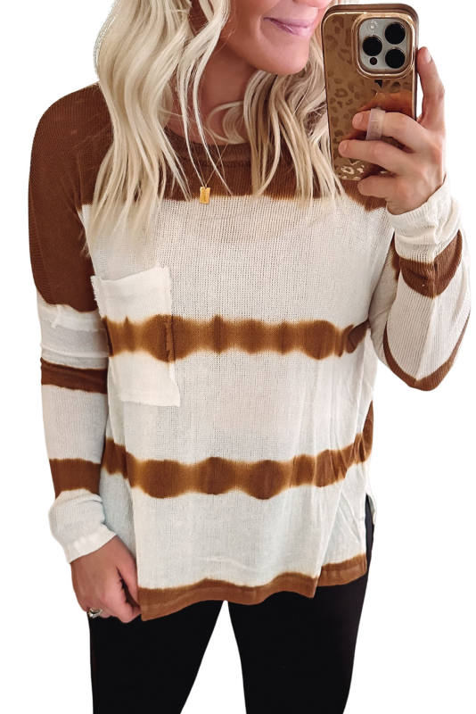 White Tie Dye Striped Loose Knitted Long Sleeve Top with Slits LC25221627-1