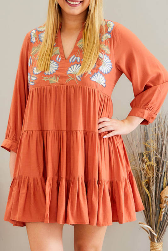 Orange Embroidered Tiered Ruffle Dress PL61945-14