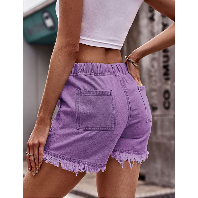 Purple Drawstring Elastic Waist Denim Shorts