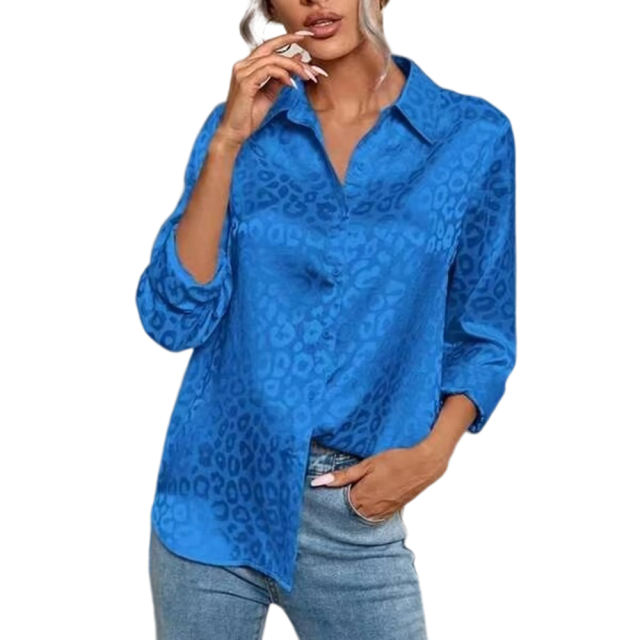 Royal Blue Leopard Print Satin Jacquard Shirt TQG220028-62