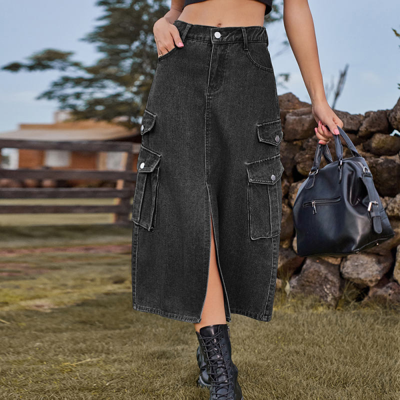 Dark Grey Elastic Waist Pocket Casual Midi Skirt TQH360095-26