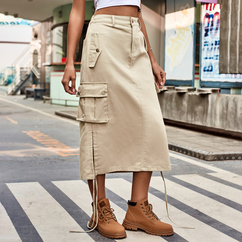 Khaki Side Drawstring Casual Midi Skirt TQH360097-21