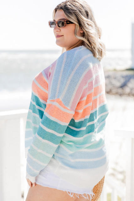 Multicolor Striped Long Sleeve Crewneck Plus Size Sweater PL272130-22