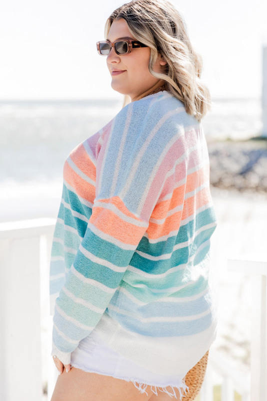 Multicolor Striped Long Sleeve Crewneck Plus Size Sweater PL272130-22