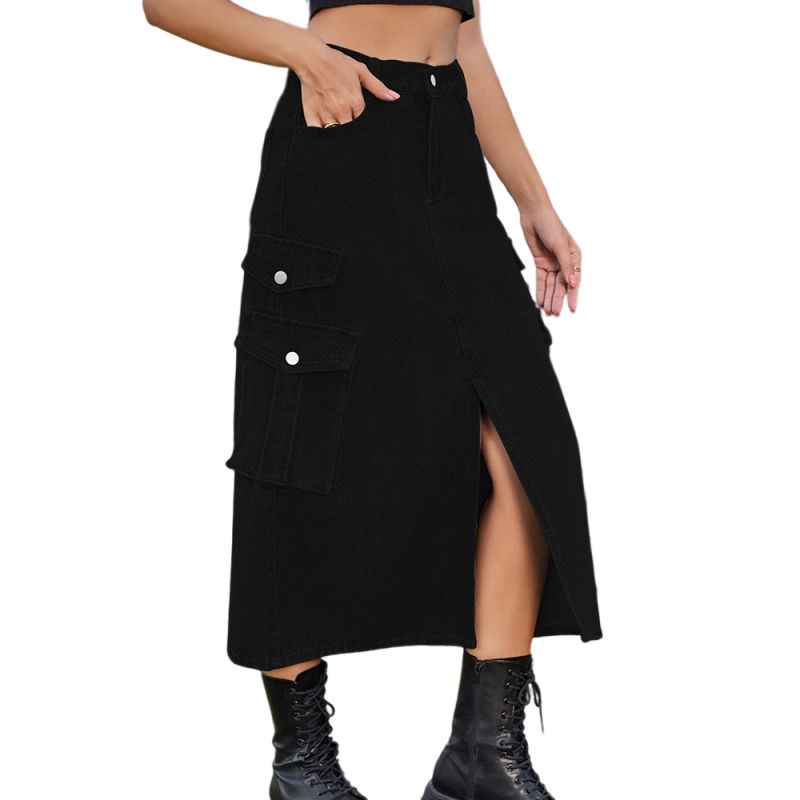Black Elastic Waist Pocket Casual Midi Skirt TQH360095-2