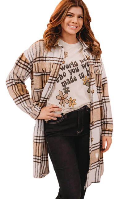 Khaki Plus Size Plaid Chest Pockets Long Shacket PL859004-16