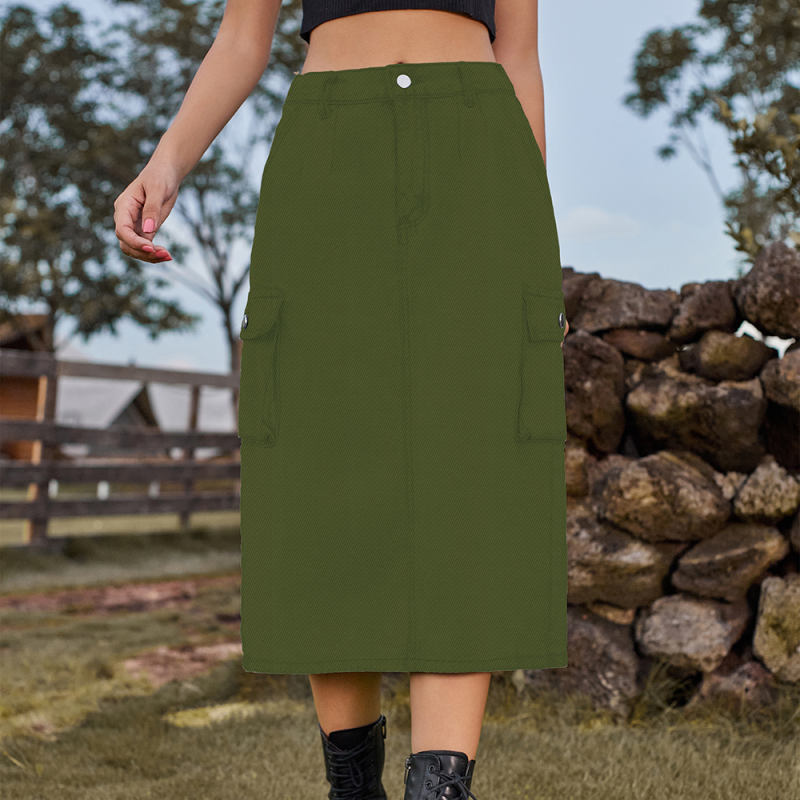 Army Green Washed Denim Midi Skirt with Pockets TQH360096-27