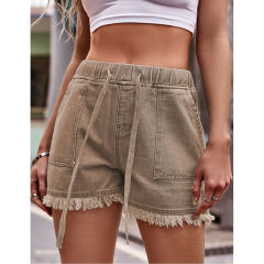 Khaki Drawstring Elastic Waist Denim Shorts TQH530086-21