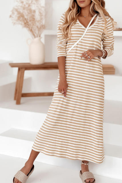 Khaki Striped V-neck Long Sleeve Casual Dress  LC6117386-16