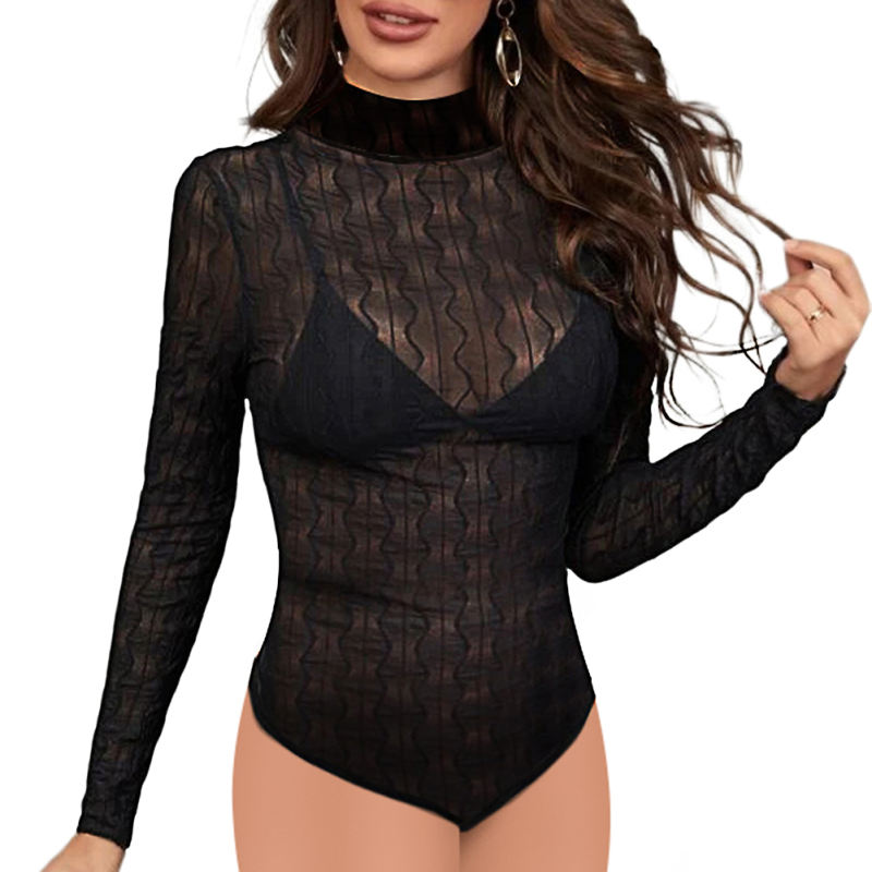 Black Sheer Mesh Wave Print Long Sleeve Bodysuit TQX950043-2
