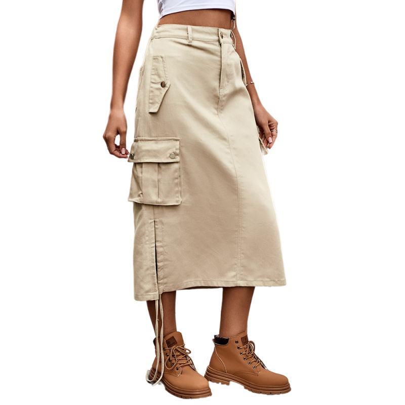 Khaki Side Drawstring Casual Midi Skirt TQH360097-21