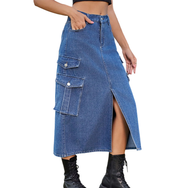 Blue Elastic Waist Pocket Casual Midi Skirt TQH360095-5