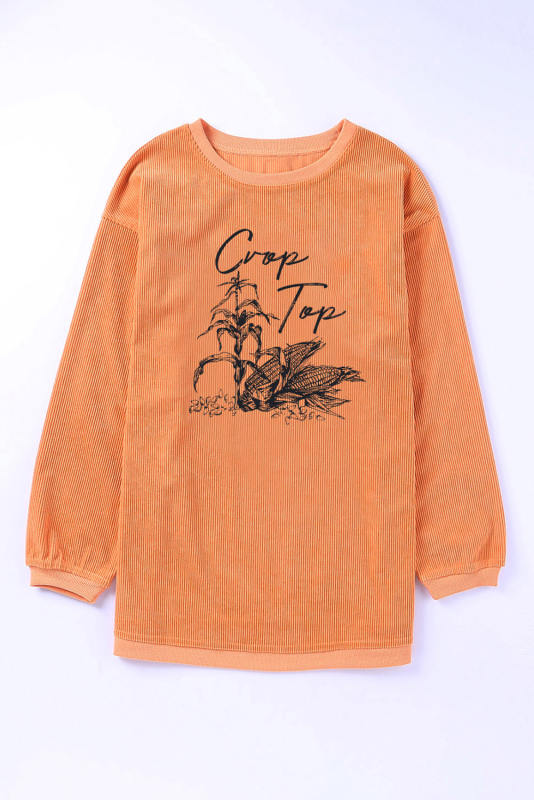 Orange Crop Top Corn Graphic Corded Sweatshirt LC25315247-2014