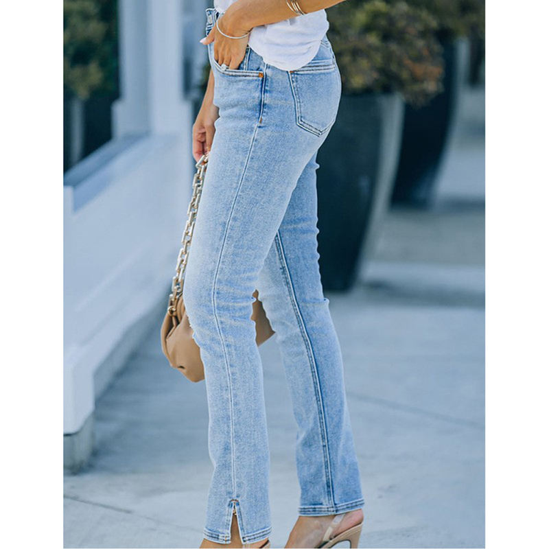 Light Blue Straight Leg Jeans with Slit