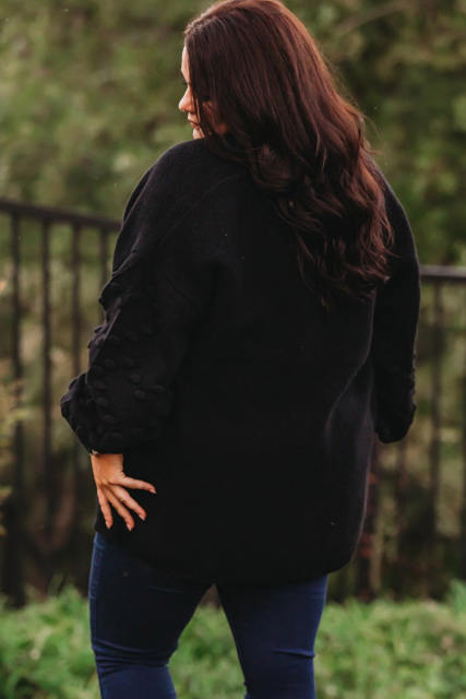 Black Pom Pom Detail Open Front Plus Size Cardigan PL271028-2