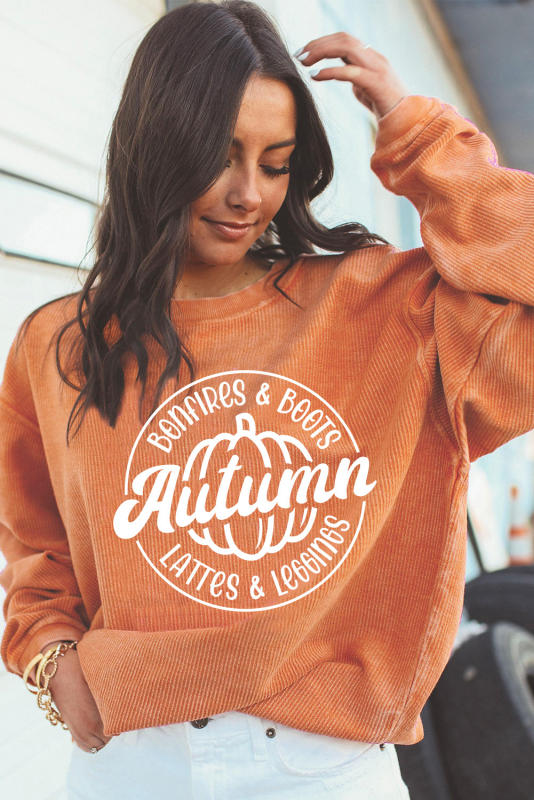 Orange Autumn Pumpkin Graphic Print Corded Oversized Sweatshirt  LC25314952-2014
