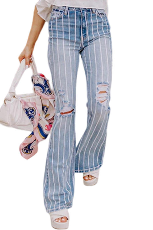 Sky Blue Vertical Striped Ripped Flare Jeans  LC7873810-4