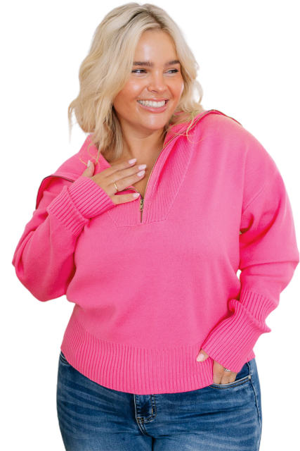 Rose Solid Ribbed Trim Plus Size Zip Collar Sweater PL272114-6