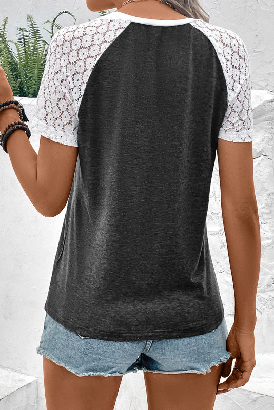 Khaki Color Block Lace Patchwork Short Sleeve T Shirt LC25221949-16