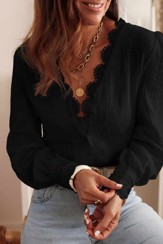 Black White Lace Crochet Trim Deep V Neck Textured Blouse LC25121838-2