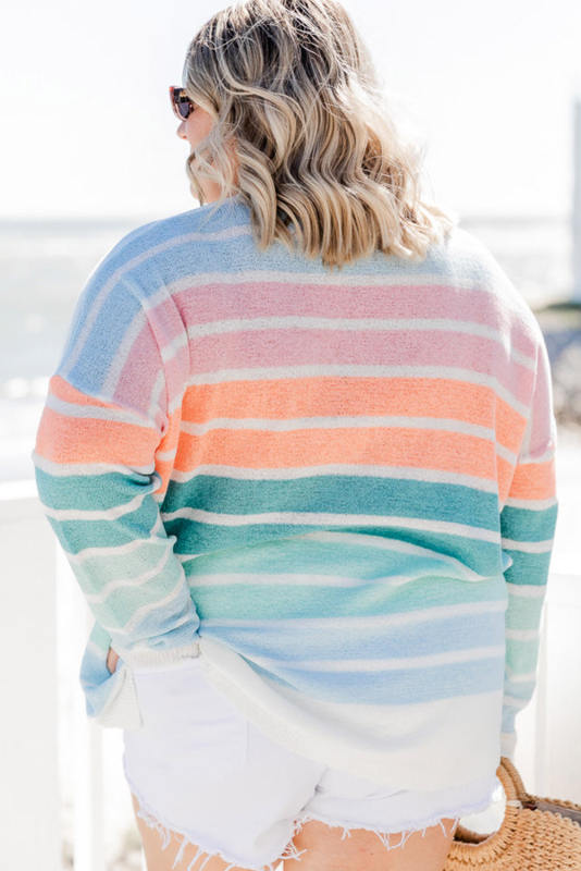 Multicolor Striped Long Sleeve Crewneck Plus Size Sweater PL272130-22