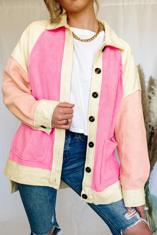 Rose Color Block Patchwork High Low Fleece Shacket LC8512803-6