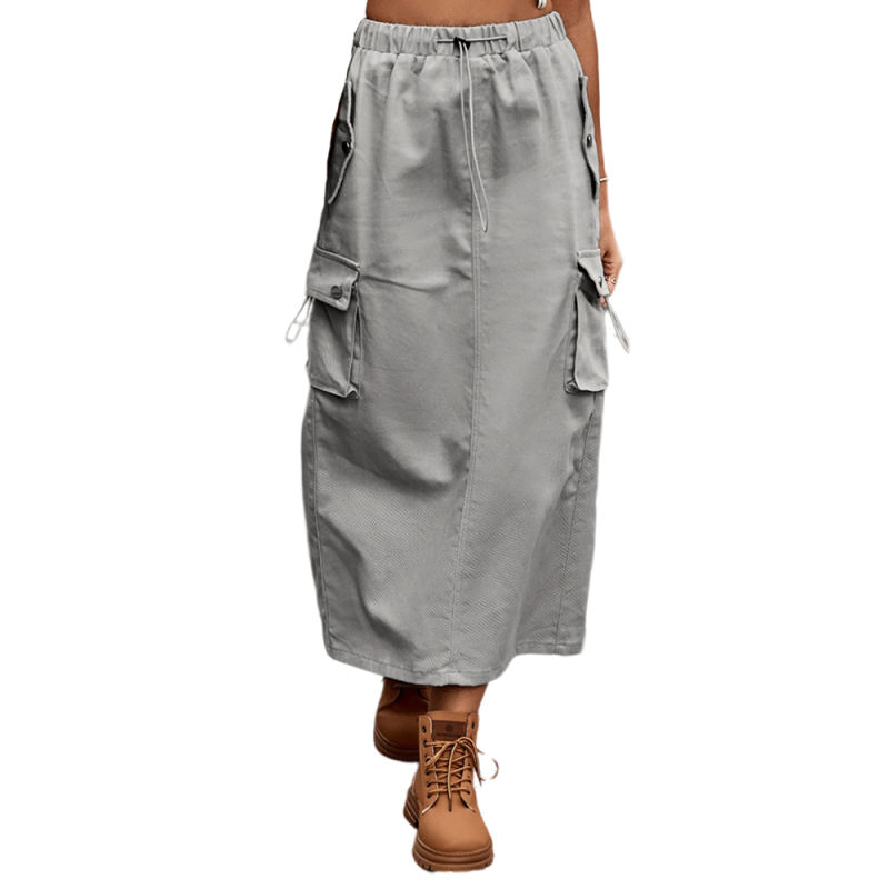 Light Gray Solid Color Drawstring Waist Denim Skirt TQH360098-25
