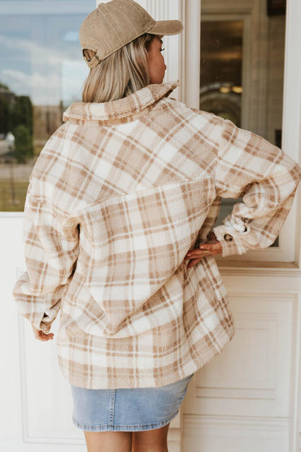 Khaki Sherpa Plaid Button Pocketed Jacket LC8512766-16