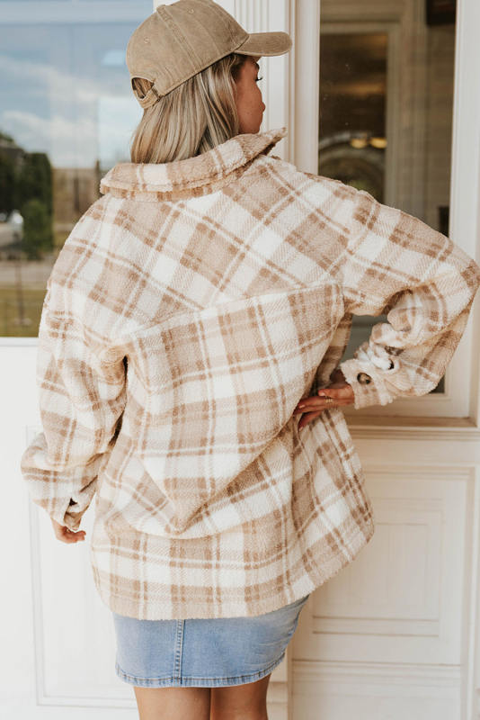 Khaki Sherpa Plaid Button Pocketed Jacket LC8512766-16