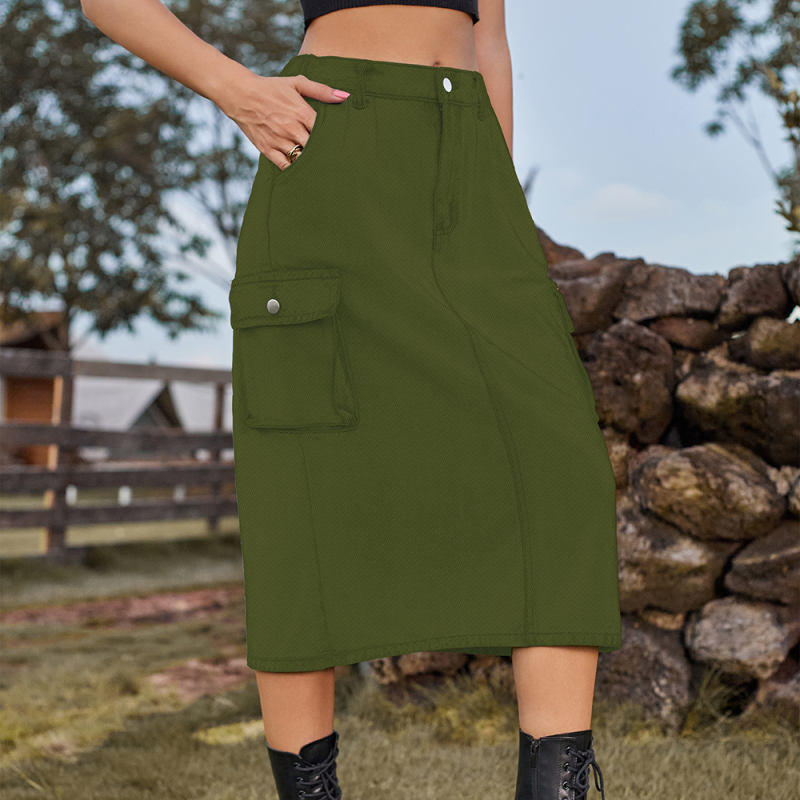 Army Green Washed Denim Midi Skirt with Pockets TQH360096-27