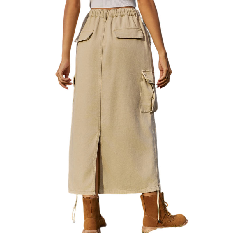 Khaki Drawstring Midi Skirt with Pocket TQH360094-21