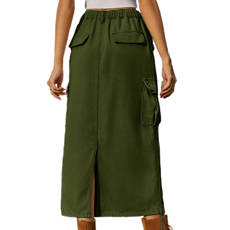 Army Green Drawstring Midi Skirt with Pocket TQH360094-27