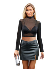 Black Sheer Mesh Mock Neck Crop Top TQL210134-2
