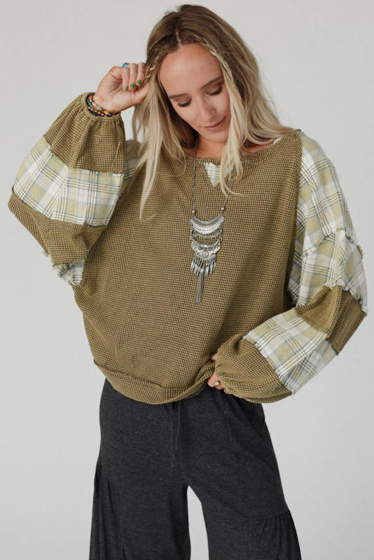Green Plaid Patch Waffle Knit Exposed Seam Bubble Sleeve Top LC25122087-9