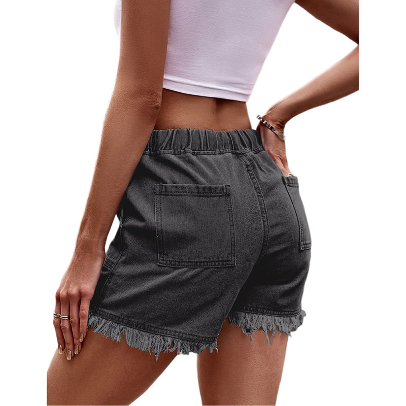Dark Grey Blue Drawstring Elastic Waist Denim Shorts TQH530086-26