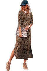 Leopard Round Neck Long Sleeve Split Dress LC6117381-20